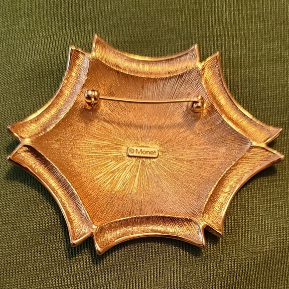 Vintage MONET Gold Black Enamel Modernist Brooch Pin - Picture 3 of 5